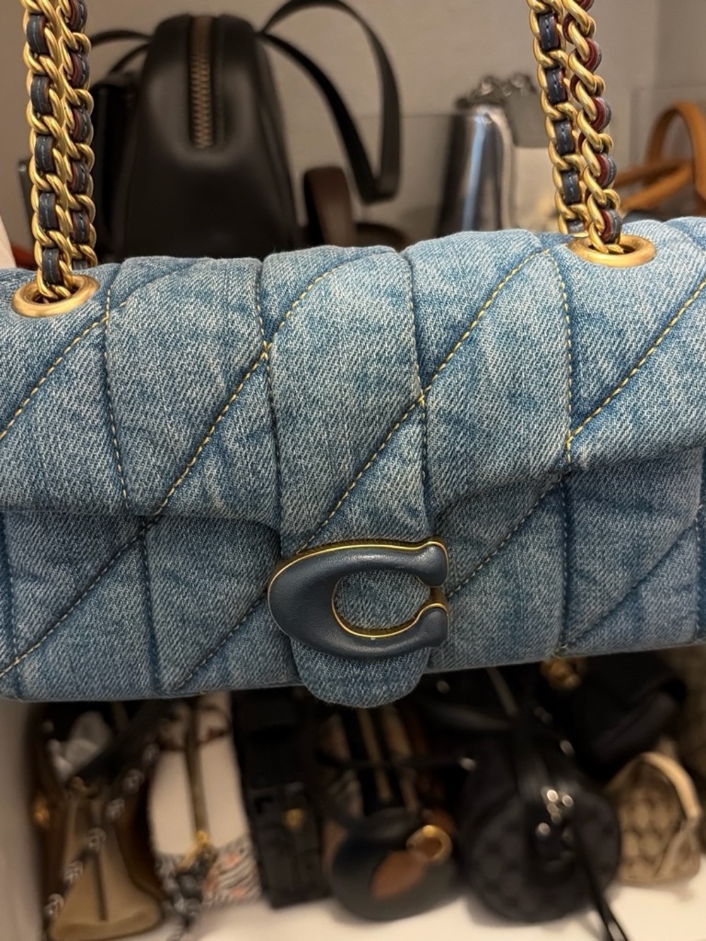 Coach Quilted Denim Shoulder Bag with Gold Chain